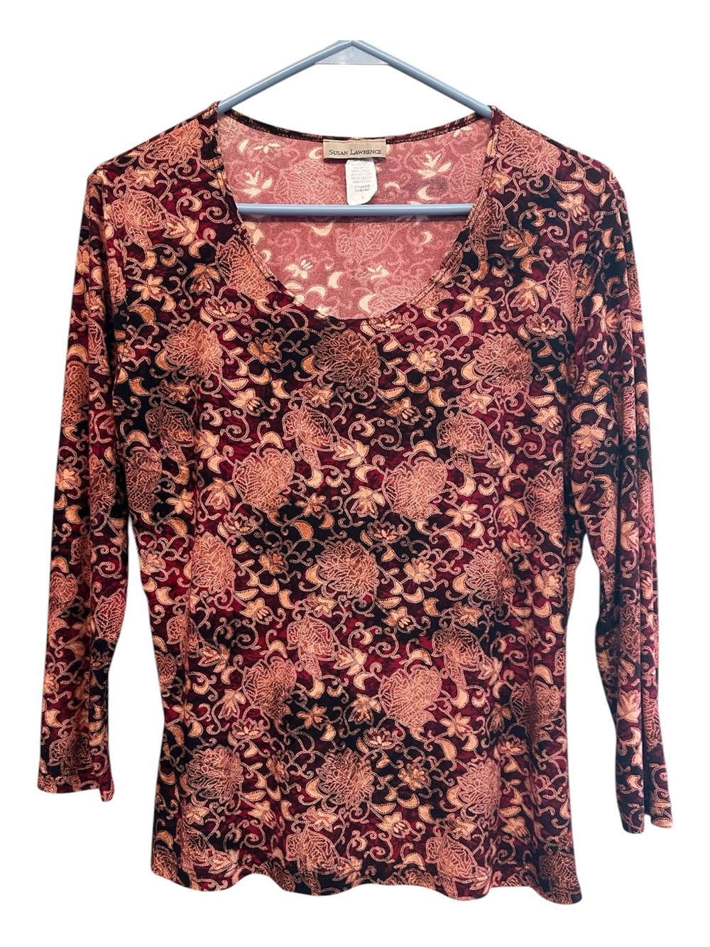 Vintage Y2K Susan Lawrence 3/4 Sleeve Scoop Neck Burgundy & Black Top Large